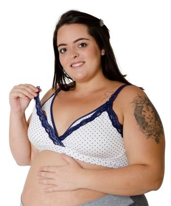 Imagem de Sutiã Amamentação com Algodão para Gestantes Branco Poá Marinho com Renda