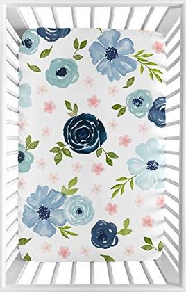 Imagem de Sweet Jojo Designs azul marinho e rosa aquarela menina floral Fitted Mini Berço Folha Berçário de bebê para berço portátil ou Pack and Play - Blush, Verde e Branco Shabby Chic Rose Flower