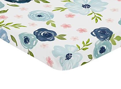 Imagem de Sweet Jojo Designs azul marinho e rosa aquarela menina floral Fitted Mini Berço Folha Berçário de bebê para berço portátil ou Pack and Play - Blush, Verde e Branco Shabby Chic Rose Flower