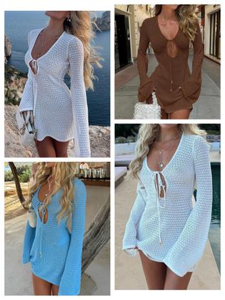 Imagem de Swimsuit Cover Up ANRABESS Crochet Swimwear Vestido de praia marrom