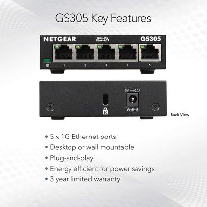 Imagem de Switch Ethernet NETGEAR GS305 - 5 Portas Gigabit Não Gerenciado