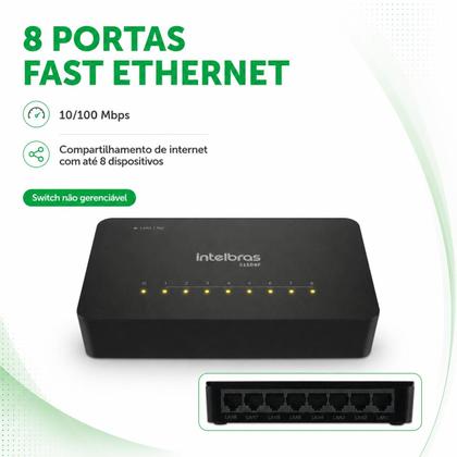 Imagem de Switch Intelbras S1108F 8 Portas Fast Ethernet 10 100 Não Gerenciável Bivolt PoE Passivo