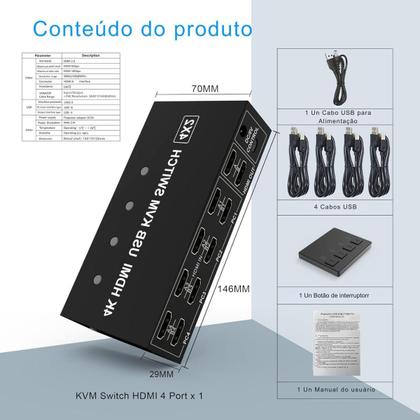 Imagem de Switch KVM HDMI 4k@60Hz USB Dual Monitor 4 PCs 2 Monitores