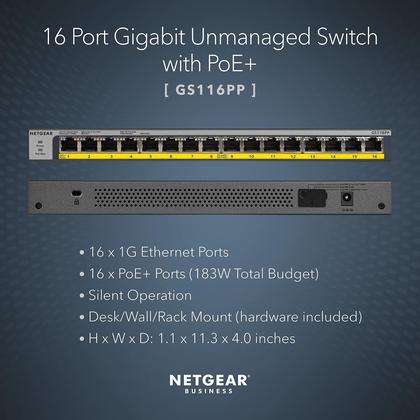 Imagem de Switch NETGEAR Gigabit Ethernet não gerenciado de 16 portas PoE GS116PP
