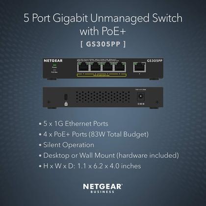 Imagem de Switch NETGEAR Gigabit Ethernet PoE de 5 Portas - Não Gerenciado GS305PP