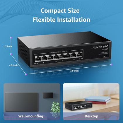 Imagem de Switch PoE AUMOX PRO SG308P - 8 Portas Gigabit Ethernet 120W