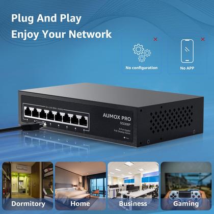 Imagem de Switch PoE AUMOX PRO SG308P - 8 Portas Gigabit Ethernet 120W
