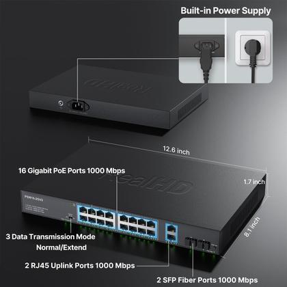 Imagem de Switch PoE Gigabit de 16 Portas com 2 SFP - Real HD - 300W