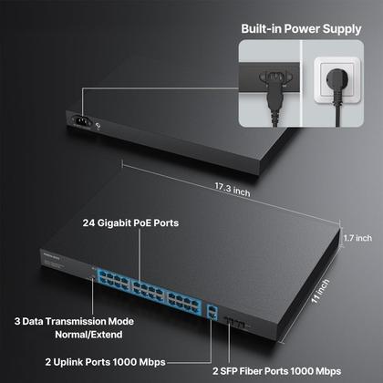 Imagem de Switch PoE Gigabit de 24 Portas com 2 Uplinks e 2 SFP - HD Real