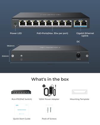 Imagem de Switch PoE REOLINK RLA-PS1 - 8 Portas PoE + 2 Gigabit Uplink - 120W