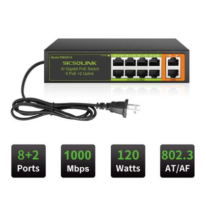 Imagem de Switch PoE+ SICSOLINK Gigabit de 10 portas (8 portas PoE+, 2 uplink)