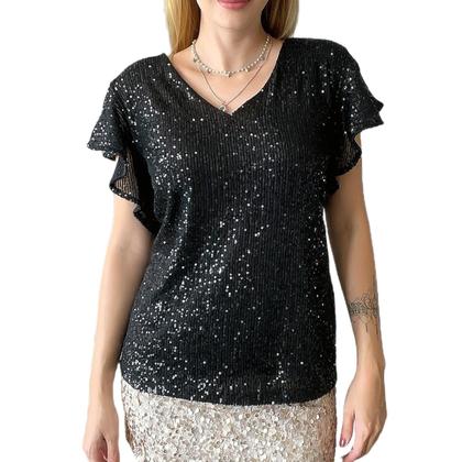 Imagem de T0165-Blusa Festa Luxo Paetê Soltinha Gola V Manga Curta 5j1502