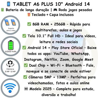Imagem de Tablet A06 Plus Android 14 8GB RAM 256GB Tela 10.1 Full HD WiFi Capa e Teclado Bluetooth Inclusos