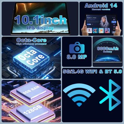 Imagem de Tablet Bvglcory Android 14 10.1" 8 GB RAM 128 GB ROM 1 TB cinza escuro