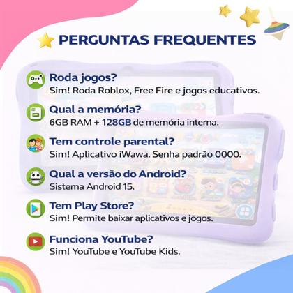 Imagem de Tablet Infantil 7 Android 15 8GB RAM 128GB WiFi, Capa Protetora, Controle Parental, Jogos Educativos