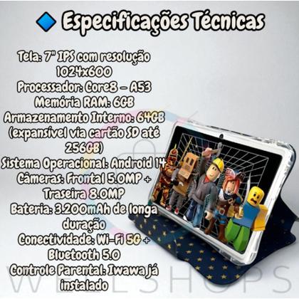 Imagem de Tablet Infantil 7 Polegadas 6GB RAM 64GB  Android 14 com YouTube, YouTube Kids, Netflix, Jogos, Roblox, Free Fire e Capa Protetora