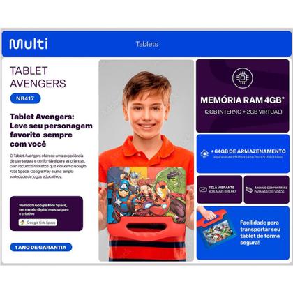 Imagem de Tablet Infantil Avengers Multilaser 4G Ram 64Gb Youtube