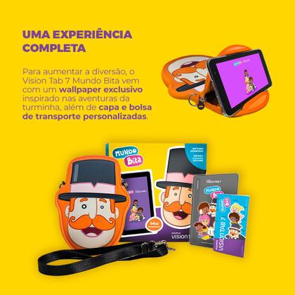 Imagem de Tablet Positivo Vision TAB 7 Mundo Bita + Capa e Bolsa - Octa-Core 3GB RAM 64GB Android 14 Go Wi-Fi Tela 7” IPS  Preto