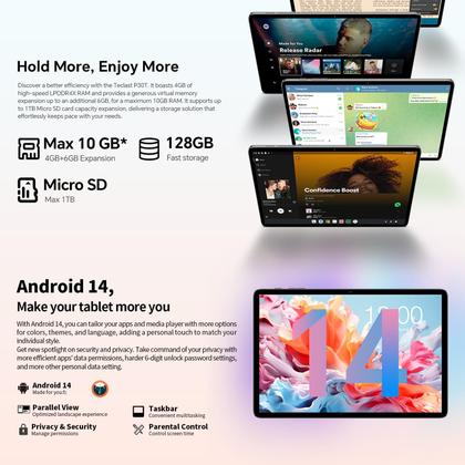 Imagem de Tablet TECLAST P30T 10 polegadas Android 14 10 GB RAM 128 GB ROM