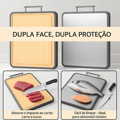 Imagem de Tábua De Cortar para Carne legumes Dupla Face Bambu E Inox