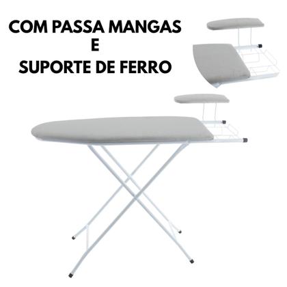 Imagem de Tábua De Passar Roupas Com Passa Mangas Porta Ferro Branca Reforçada Em Aço Tecido Metalizado