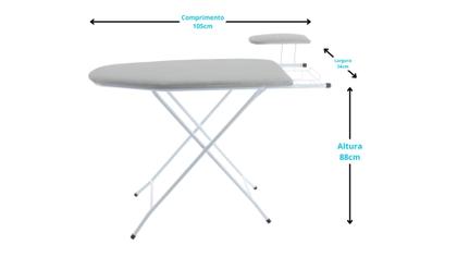 Imagem de Tábua De Passar Roupas Com Passa Mangas Porta Ferro Branca Reforçada Em Aço Tecido Metalizado