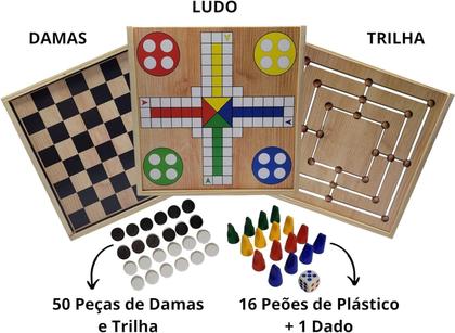 Imagem de Tabuleiro 3 em 1 Jogos Clássicos Dama Ludo E Trilha Estojo E Tabuleiros Em Madeira