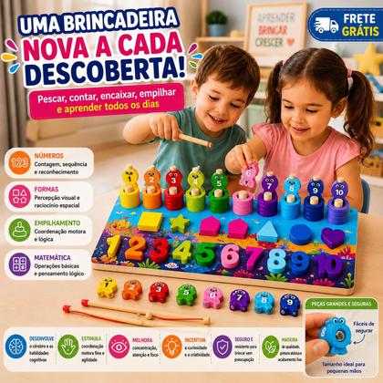 Imagem de Tabuleiro Educativo Montessori Madeira 7 em 1 Encaixe de Números, Formas e Jogo de Pesca para Crianças