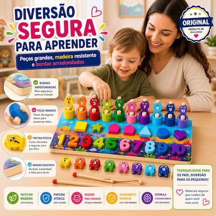 Imagem de Tabuleiro Educativo Montessori Madeira 7 em 1 Encaixe de Números, Formas e Jogo de Pesca para Crianças