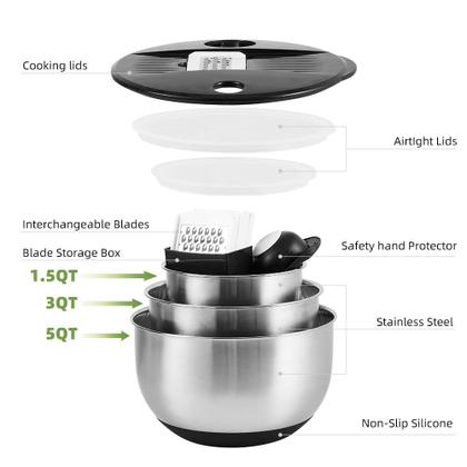 Imagem de Taças de mistura weltonhm Set 3 de aço inoxidável com tampas pretas