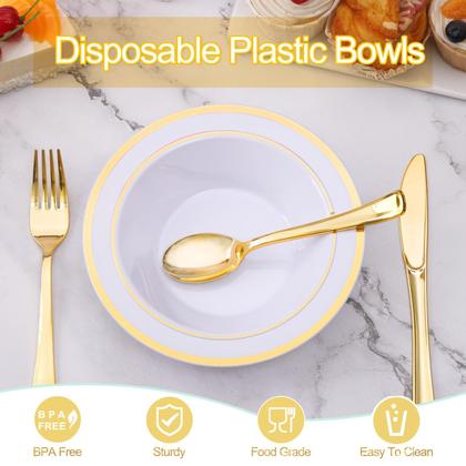 Imagem de Taças de plástico Boocikey 350ml descartáveis com borda dourada x30