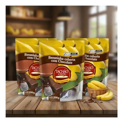 Imagem de Tachão De Ubatuba Kit C/ 4 Pacotes Bananinha Bananada Coberta Com Chocolate Doce De Banana 200g