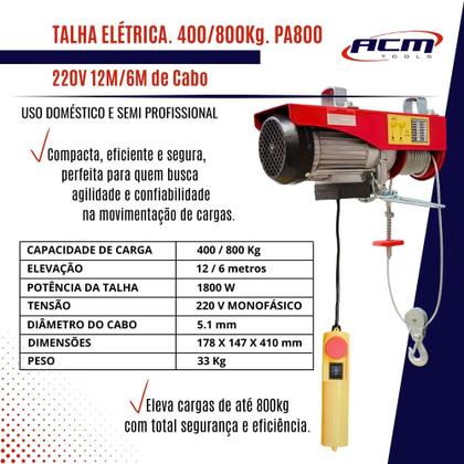 Imagem de Talha Eletrica 400Kg/800Kg 220V 12M/6M de cabo PA800 ACM TOOLS