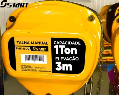 Imagem de Talha Manual 1 Tonelada 1000kg Corrente 3 Metros de Elevação Com Freio Duplo