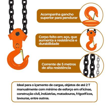 Imagem de Talha Manual 2 Tonelada com Correntes 5 Metros 6mm Lift520 Intech Machine