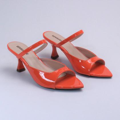 Imagem de Tamanco Mule Feminino Bico Fino Folha Verniz Salto Taça Tira