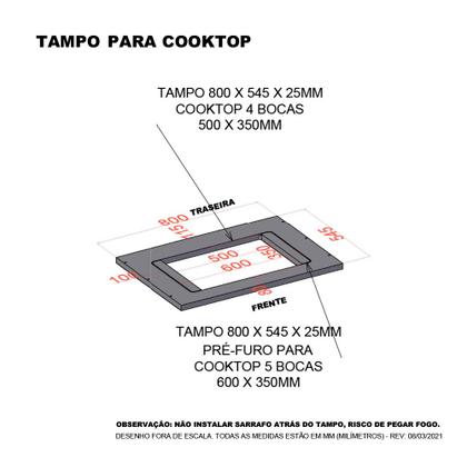 Imagem de Tampo 80cm com Furo para Cooktop 4 Bocas 50cm X 35cm e Pré Furo Cooktop 5 Bocas 60cm x 35cm Luciane