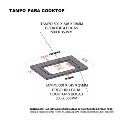 Imagem de Tampo 80cm com Furo para Cooktop 4 Bocas 50cm X 35cm e Pré Furo Cooktop 5 Bocas 60cm x 35cm Luciane