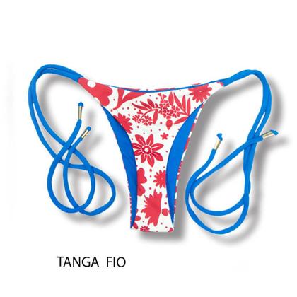 Imagem de Tanga Cora Scarlet  Biquíni Estampado Fio Dental com Laço para Amarrar  Dupla Face Azul  Reversível