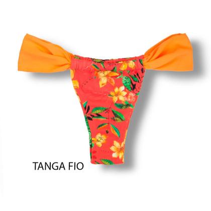 Imagem de Tanga Gali Floral Coral  Biquíni Estampado  Semi Fio  Cortininha Regulável  Detalhe Laranja