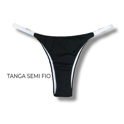 Imagem de Tanga Mia Bicolor White and Black  Biquíni Cor Lisa Branco  Semi Fio  Tira Fina Regulável  Marquinha de Fita  Detalhe Preto