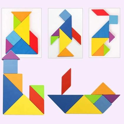 Imagem de Tangram de Madeira Colorido com Caixa de Ferro para Armazenamento - Quebra-Cabeça Educativo