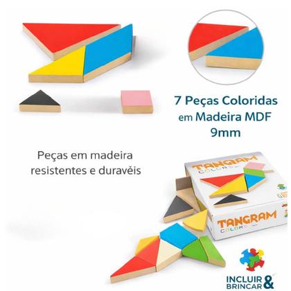 Imagem de Tangram educativo montessori pedagogico brinquedo 7 peças em madeira jogo colorido quebra cabeça desafio