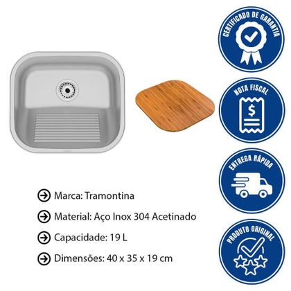 Imagem de Tanque De Encaixe Tramontina Hera Compact 19L Inox Acetinado 40x35cm C/ Tábua De Madeira 94404117
