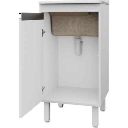 Imagem de Tanque de Lavanderia Fibra 20L com Gabinete MDF 45cm Branco, Suporte para Torneira de Bancada, Entregue Montado, com Válvula e Sifão