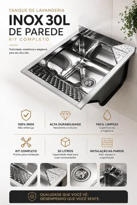 Imagem de Tanque De Lavanderia Inox 30 Litros De Parede Kit Completo