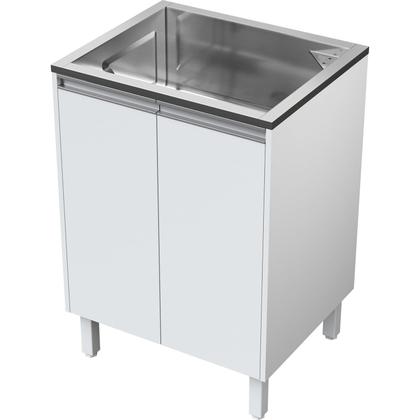 Imagem de Tanque de Lavanderia Inox 35 L com Gabinete MDF 63 cm Branco Fosco, Entregue Montado, com Válvula e Sifão
