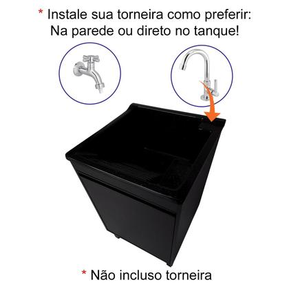 Imagem de Tanque de lavar Fibra 40L Com Gabinete MDF Preto 54cm Base Torneira de Mesa