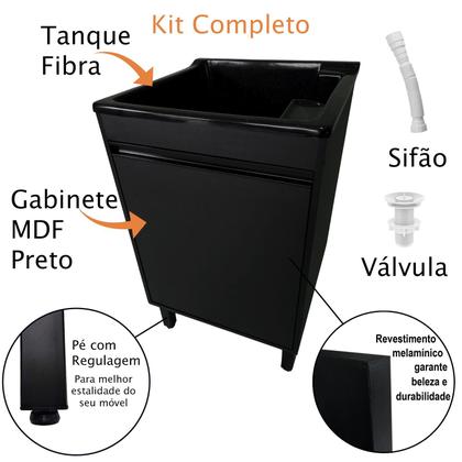 Imagem de Tanque de lavar Fibra 40L Com Gabinete MDF Preto 54cm Base Torneira de Mesa
