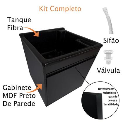 Imagem de Tanque de lavar Fibra 40L Com Gabinete MDF Preto de Parede 54cm Base Torneira de Mesa